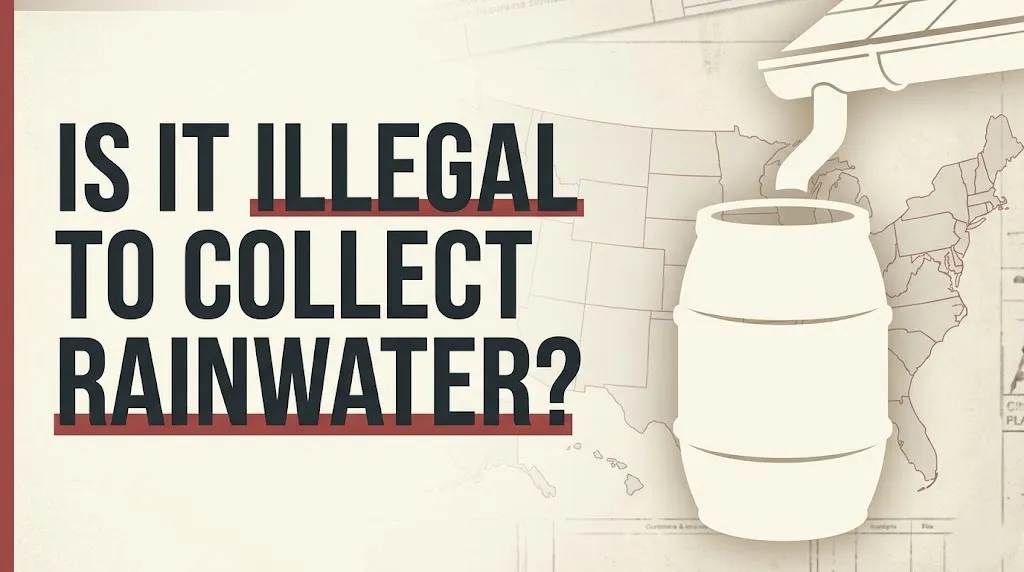 Is it illegal to collect rainwater headline with rain barrel silhouette and US map background