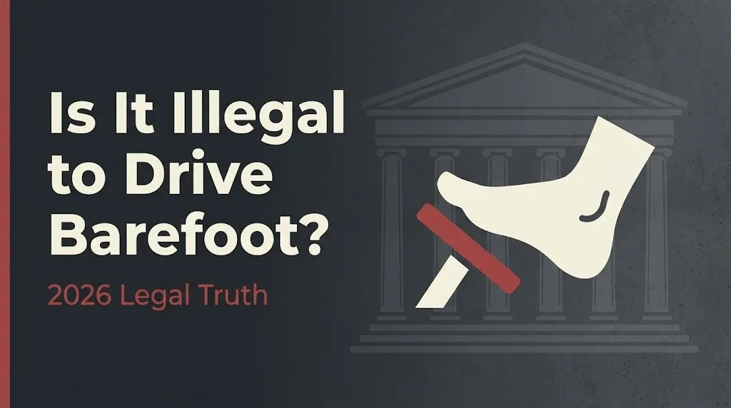 Is it illegal to drive barefoot banner showing bare foot over car pedal with legal headline text on charcoal background