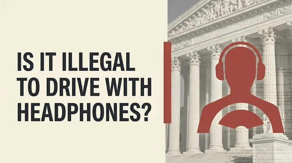 Is it illegal to drive with headphones headline with driver silhouette and legal document textures